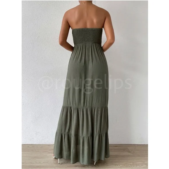 Strapless Maxi Dress Long Army Green Shirred Top Flared - Picture 4 of 8